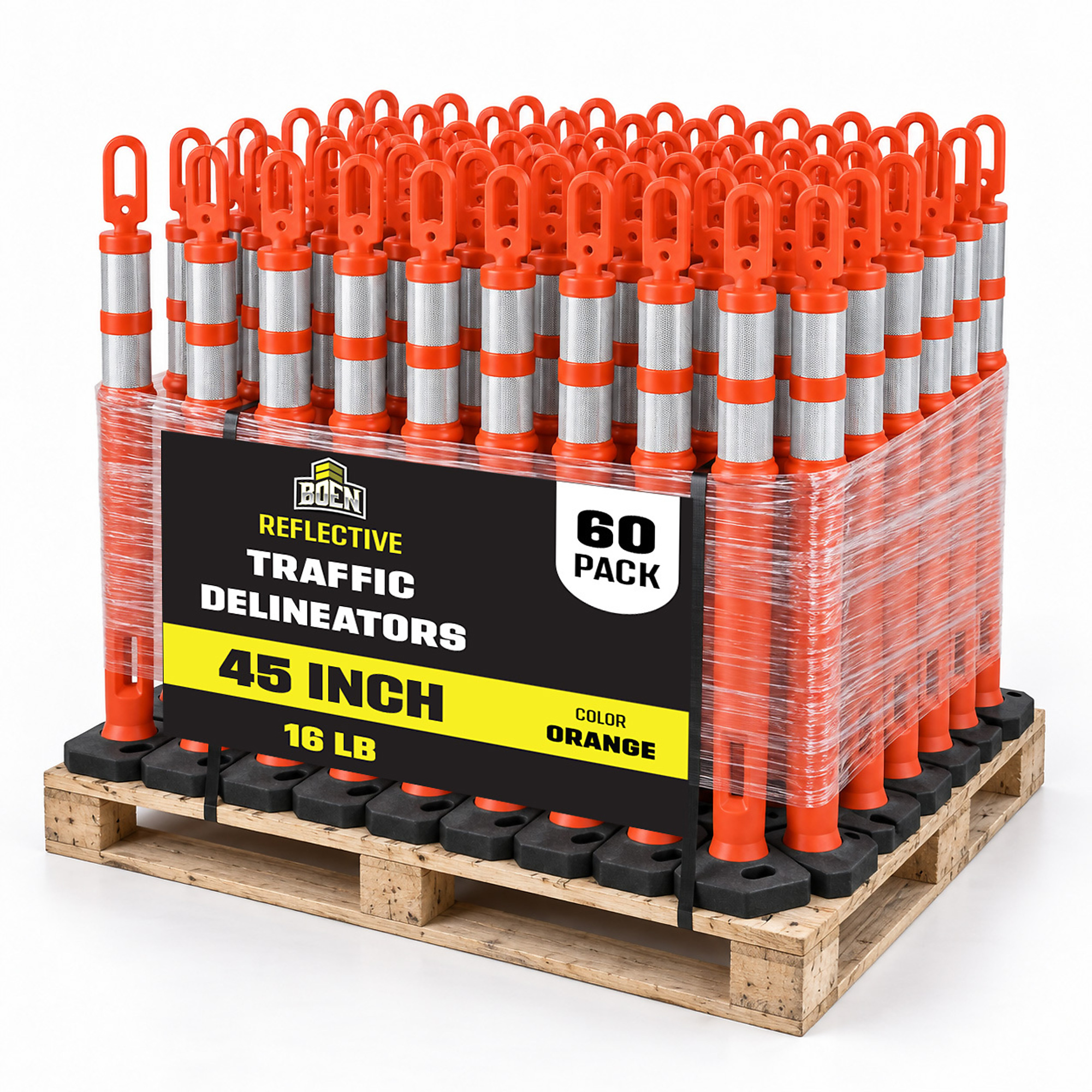 Boen 45 in, Orange Traffic Delineator Posts, 60-Pack, Safety Bollards with Reflective Collar & 16 lb. Heavy-Duty Base for Parking, Construction & Road Safety